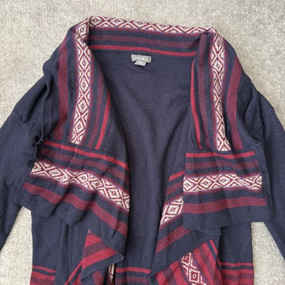 Eddie Bauer Sweater Womens Small Navy Red Open Front Cardigan Aztec Wool Blend - Picture 2 of 8